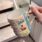 Triogift  -  Korean Ins Niche Design Ceramic Water Cup Cartoon Cute Hand-painted Patch Plaid Mug Heat-resistant Home Milk Cup with Handle