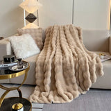 Triogift  luxury faux fur Blanket double-sided fluffy bubble Fleece bed Plaid sofa blankets plush sofa cover bedspreads for double bed