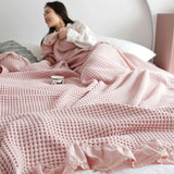 Triogift 100% Cotton Soft Bed Plaid Home Japenese Knitted Blanket Corn Grain Waffle Embossed Summer Ruffles Warm Plaid Throw Bedspread