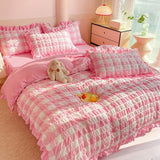 Triogift INS Princess Seersucker Bedding Sets Ruffle Lace Duvet Cover Flat Sheet Pillowcases Soft Washed Cotton Bed Linen For Girls