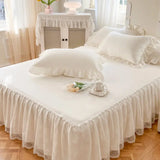 Triogift Solid Color Bed Skirt & Pillowcase Washed Cotton Wrap Around Bedskirt with Embroidered Lace White Pleated Dust Ruffle Bed Sheet