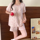 Triogift Flroal Sleepwear Women Pajama Sets Summer Piiama Korean Sets for Women 2 Pieces Home Suit Pink Cute Night Wears Button Pyjamas