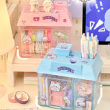 Triogift Transparent Desktop Storage Box Creative Small House Pen Holder Student Kawaii Stationery Cosmetic Organizer Rack Drawer Cute