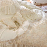 Triogift High End Chiffon Lace Flowers Bedding Sets Egyptian Cotton Beige Bow Embroidery Princess Duvet Cover Bed Sheet Pillowcases