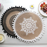 Triogift 2PCS Bohemian Woven Cotton Placemat Woven Linen Table Mat Flower Insulation Dining Insulation Pad Embroidery Kitchen Decor