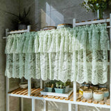 Triogift 1PC Green Pearls Double Layer Short Curtain for Kitchen Sheer Voile Drape Lace Wave Bottom Dustproof Door Cupboard #E