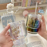 Triogift  -  Kawaii Iridescent Glass Cup With Lid Straw For Coffee Water Wine Beer Juice Milk Tea Glass Cups Simple Ice Drinking Cup Gift