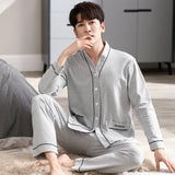 Triogift  Men Pajamas Suit Long sleeved Pure Cotton Simple Casual Cardigan V-neck Homewear Set All Plus Size Breathable Autumn Sleepwear