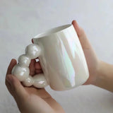 Triogift  -  Pearl White Mugs Coffee Cups Ceramic Ins Korean Style Bubble Handgrip Coffee Cup for Breakfast Milk Juice Tea Cup Microwave Safe