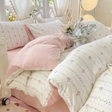 Triogift Romantic Floral Bedding Set Bed Pink Flat Sheet Pillowcase Twin Full Queen Size Bed Linen Princess Girls Duvet Cover No Filling