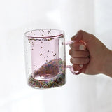 Triogift  -   Shining Fairy Double Layer Quicksand Water Cup Big Ear Coffee Breakfast Heat Insulation Bubble Sequin Creative Glass