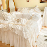 Triogift White Washed Cotton Bedding Set Luxury Lace Embroidery Ruffle Princess Duvet Cover Bed Skirt Bedspread Pillowcases Home Textile