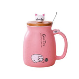 Triogift  -  1pc 420ml Cartoon Cat Ceramic Mug Portable Coffee Cup With Wooden Lid And Stainless Steel Spoon Handle Drinking Cup For Home