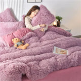 Triogift  New Winter Warm Plush Duvet Cover Pink Romantic Princess Mink Velvet +Fluffy Flannel Quilt Cover Luxury Bedding Set King Size