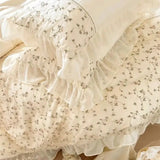 Triogift Elegant French Style Floral Lace Ruffles Embroidery Princess Wedding 100% Cotton Bedding Set Duvet Cover Bed Sheet Pillowcases