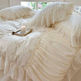 Triogift High End Chiffon Lace Embroidery Bedding Set Luxury Beige Egyptian Cotton Princess Pleats Duvet Cover Bed Sheet Pillowcases