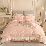 Triogift  Elegant Bedding Sets Luxury Bed Linen Princess Washed Cotton Ruffle Duvet Cover Set Bed Sheet and Pillowcases Bed Comforter Sets