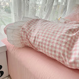 Triogift Korean Princess Style Lattice Double Layer Lace Bedding Set Soft Quilt Cover Plaid Style Duvet Covers Set Bed Sheet Pillowcases