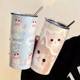 Triogift  -  Kawaii Cat Thermos Cups Tumbler For Hot Cold Coffee Tea Cute 550ml Sainless Steel With Straw Insulated Thermal Cup Water Bottle