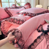 Triogift Black Lace Four-piece Set Celebrity Princess Style Ruffled Quilt Cover Bed Skirt Style Solid Color Three-piece Bedding Set