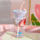 Triogift  -  Cute Korean  Glass Cup With Lid And Straw Infuser Large Glass Bottle Aesthetic For Water Tea Juice Drinking Bottle Gift 750ml