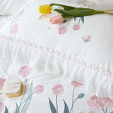 Triogift Lace Ruffles Bedding Set Luxury Cotton Flower Embroidery Bedclothes Girls Full Size Quilt Cover Sets Queen King Bed Linen Sets