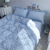 Triogift  Quilt Cover INS Girl Blue Solid Color Seersucker Ruffles Lace Bedding Set Kawaii  Soft Sheet Woman Duvet Cover Pillow Covers