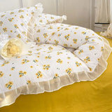 Triogift French Golden Sunflower Floral Lace Seersucker Bedding Set Washed Cotton Four-piece Set Student Bed Sheet Three-piece Set