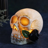 Triogift  Halloween Luminous Resin Skull Head LED Terror Skull Decoration Prop Skeleton Head with Rose Flower Halloween Decoration