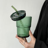 Triogift Green Retro Striped Straw Glass Portable Water Cup Juice Cup Coffee Cup Large Capacity Cup With Lid And Straw Office Home Tools