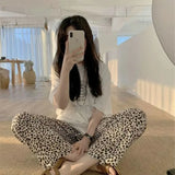 Triogift  Leopard Pajamas Pants for Women Sleep Korean Style Sleepwear Summer Ankle Length Bottoms Home Elastic Waist Room Sleeping Wear