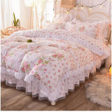 Triogift Korean Style Bedding Set Cotton Fresh Garden Princess Lace Ruffles Pillowcase Supper King Size Duvet Cover Bed Set