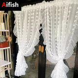 Triogift  3D White Pompom Embroidery Tulle Modern Striped Sheer Curtains for Living Room Ruffle Design Translucent Voile Window Drapes