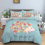 Triogift Hedgehog Duvet Cover Set 3D Cartoon Hedgehog Flower 2/3PCS Bedding Set Kids Boys Girls Animal Queen Size Polyester Quilt Cover