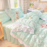 Triogift Kawaii Princess Seersucker Bedding Set Luxury Solid Color Duvet Cover Bed Sheet Pillowcase Single Double Size For Girl Decor