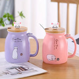 Triogift  -  1pc 420ml Cartoon Cat Ceramic Mug Portable Coffee Cup With Wooden Lid And Stainless Steel Spoon Handle Drinking Cup For Home