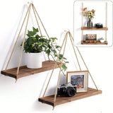 Triogift 1PC Wooden Swing Hanging Hemp Rope Wall Shelve Mounted Floating Home Living Room Plant Flower Pot Tray Storage Garden Decoration