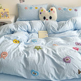 Triogift 3pcs Kawaii Little Solid Color Monster Bedding Set Korean Washed Cotton Pillowcase Twin Full Duvet Cover No Filling Home Decora