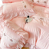 Triogift French Embroidered Lace Bubble Gauze Bedding Set Pink Elegant Princess Style Queen Duvet Cover Set Ruffled Comforter Cover Sets