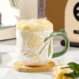 Triogift Romantic Relief Rose Ceramic Mug Handmade Gift Creative Coffee Cup and Tea Cup Hand Drawn Design