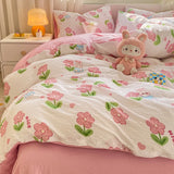 Triogift Pink Flowers Bedding Set Cartoon Rabbit Floral Duvet Cover Queen Full Twin Size Flat Bed Sheet Pillowcase Kawaii Bed Linen