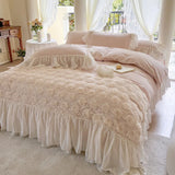 Triogift  Korean Style Pink Lace Bedspread Bedding Set King Queen Luxury Princess Duvet Cover Bed Skirts Bedcloth Soft Cotton Home Textile