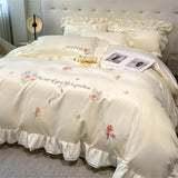 Triogift Flower Embroidery Lace Ruffles Bedding Set Skin-friendly Washed Cotton Princess Style Wedding Duvet Cover Bed Sheet Pillowcases