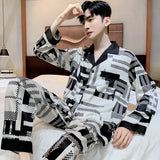 Triogift  High Quality Satin Printed Pajamas Set Men's Nightwear Ice Silk Long Sleeve Loose Thin Teen Home Clothing Wear Suit Male Pyjama