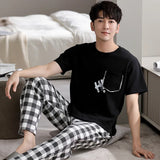 Triogift  New Men Pajamas Sets Summer Autumn Cotton Short-sleeved Trousers Leisure Home Service Suit Teen Sleepwear Suit Male