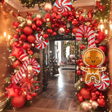 Triogift Decorations Christmas Balloons Garland Arch Red Metallic Gold With Gingerbread Man Stars Foil Balloon For Christmas Party Decor