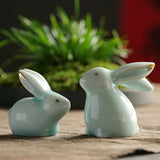 Triogift Cute Mini Little Rabbit Ceramic Ornament Landscape Garden Bonsai Decorations Miniatures Gift Animal Couple Tea Pet Home Decor