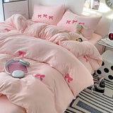 Triogift Cute Pink Bows Duvet Cover Set, 3D Embroidery Bedding Sets Pink Bed Set, Comfy Queen Comforter Covers Soft for Girls Kids Teens