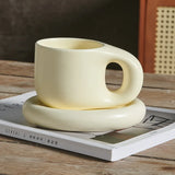 Triogift 1set 400ml Ceramic Coffee Chubby Mug Saucer Set Creative Cute Fat Handle Cup With Saucer For Office And Home Room Decor