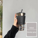 Triogift  -  350/450ml Coffee Straw Cup With Lid Heat-Resistant Water Bottle Beer Drinkware Coffee Mug With Straw Deer Printed Leather Glass